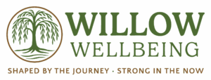 Willow Wellbeing Logo with slogan "Shaped by the journey, strong in the now"